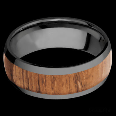 8 mm wide/Domed/Zirconium band with one 5 mm Centered inlay of Desert Iron Wood.