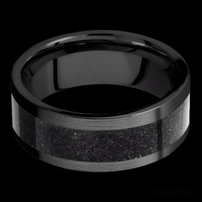 8 mm wide/Flat/Zirconium band with one 5 mm Centered inlay of Dinosaur Bone Black.