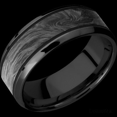 8 mm wide/Beveled/Zirconium band with one 5 mm Centered inlay of Forged Carbon Fiber.