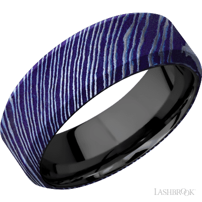 8 mm wide High Bevel Titanium Damascus band featuring a Zirconium sleeve.